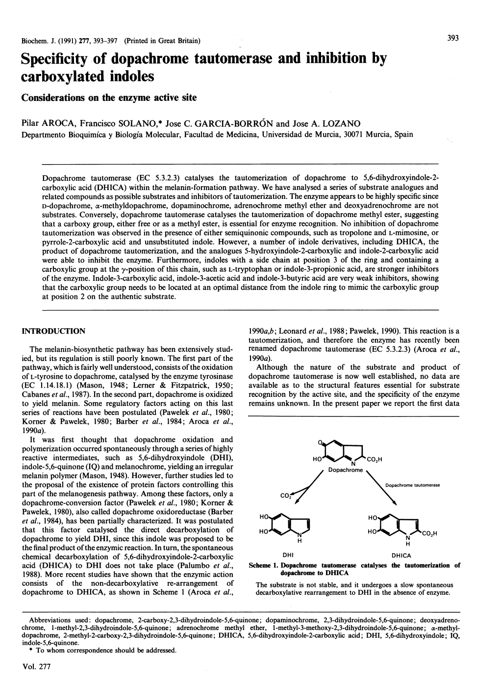 Specificity of Dopachrome Tautomerase and Inhibition by Carboxylated Indoles Considerations on the Enzyme Active Site
