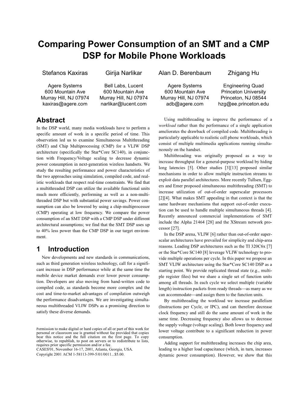 Comparing Power Consumption of an SMT and a CMP DSP for Mobile Phone Workloads