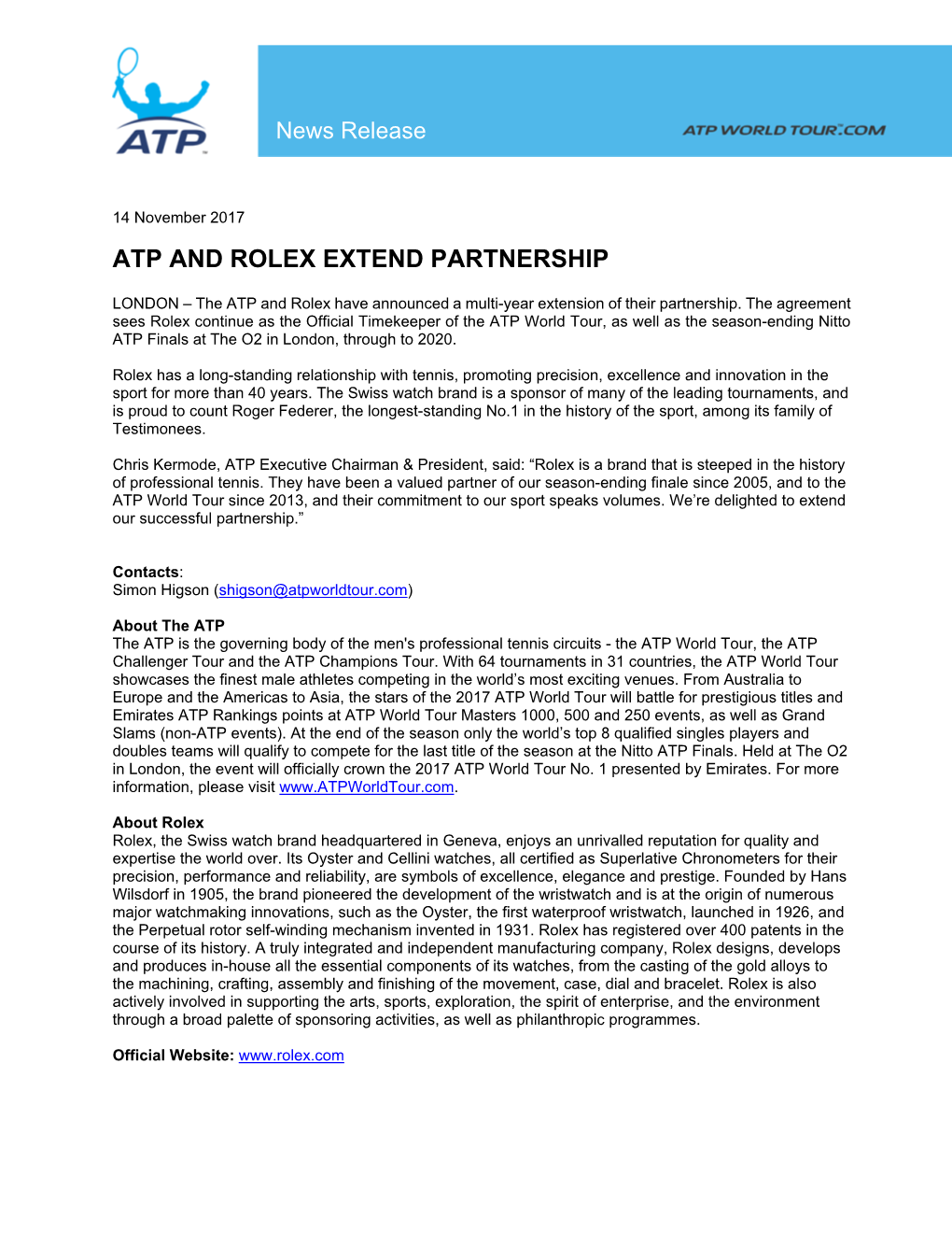 Atp and Rolex Extend Partnership