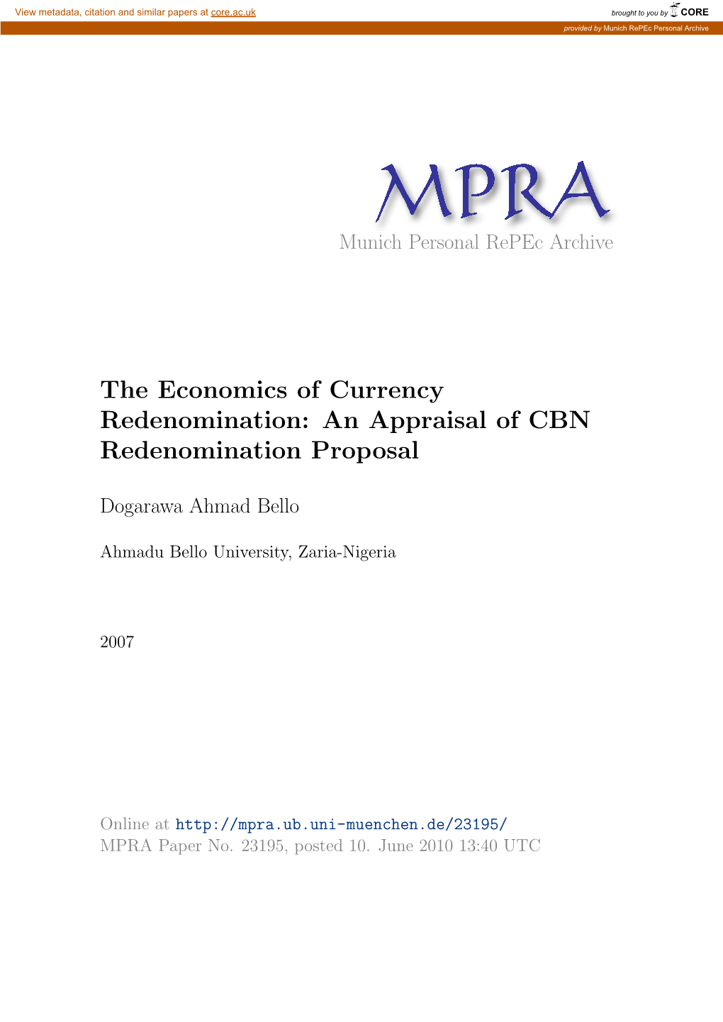 The Economics of Currency Redenomination: an Appraisal of CBN Redenomination Proposal