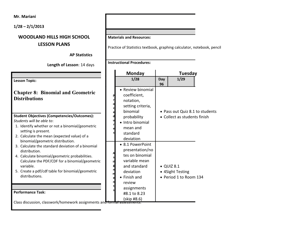 Woodland Hills High School Lesson Plans