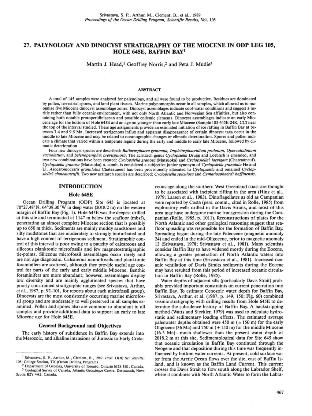 27. Palynology and Dinocyst Stratigraphy of the Miocene in Odp Leg 105, Hole 645E, Baffin Bay1