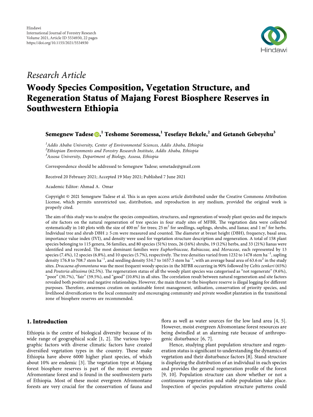 Research Article Woody Species Composition, Vegetation Structure, and Regeneration Status of Majang Forest Biosphere Reserves in Southwestern Ethiopia