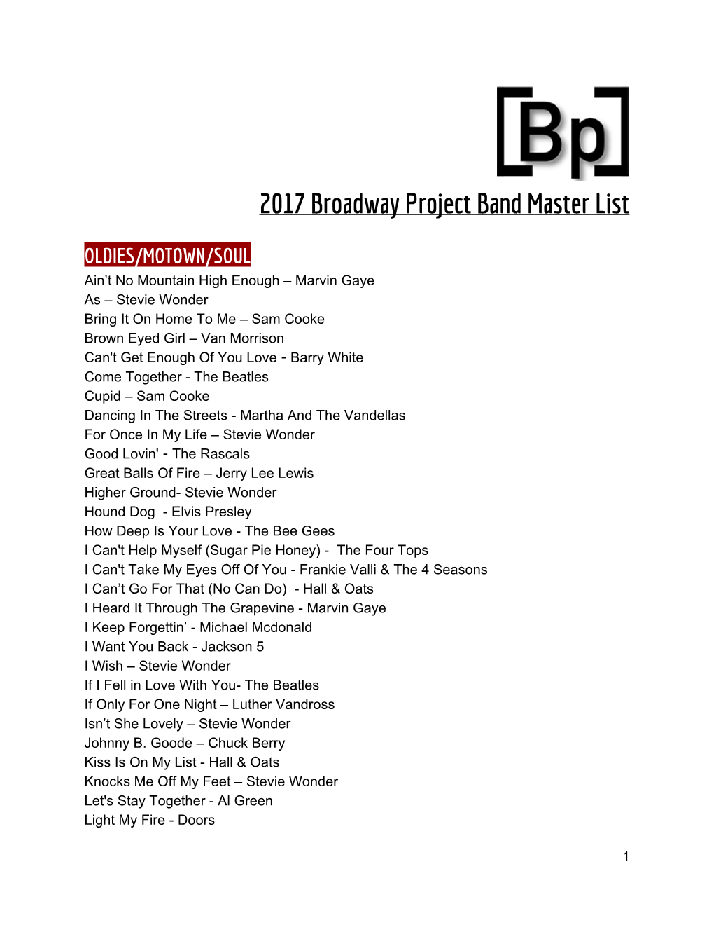 2017 Broadway Project Band Master List