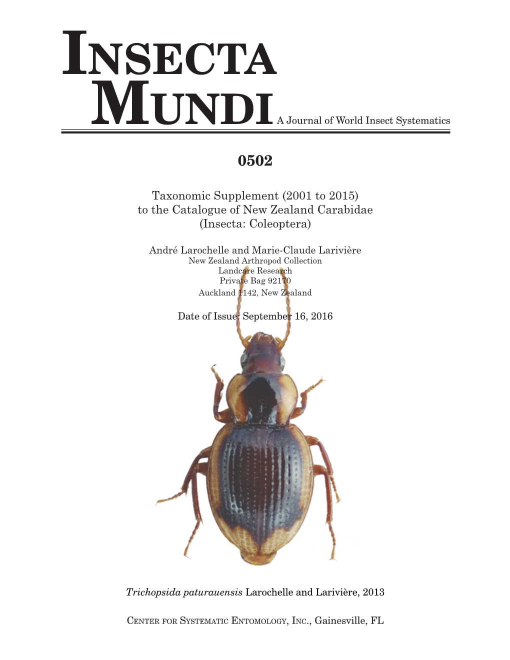 Taxonomic Supplement (2001 to 2015) to the Catalogue of New Zealand Carabidae (Insecta: Coleoptera)