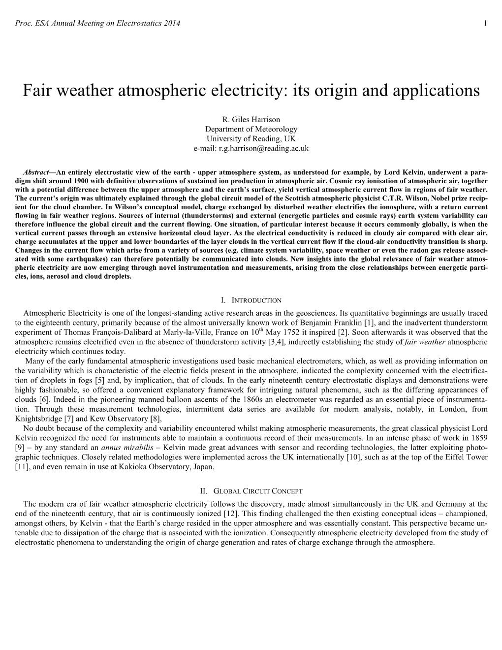 Fair Weather Atmospheric Electricity: Its Origin and Applications