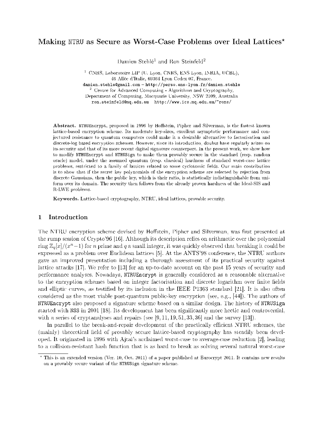 Making NTRU As Secure As Worst-Case Problems Over Ideal Lattices⋆