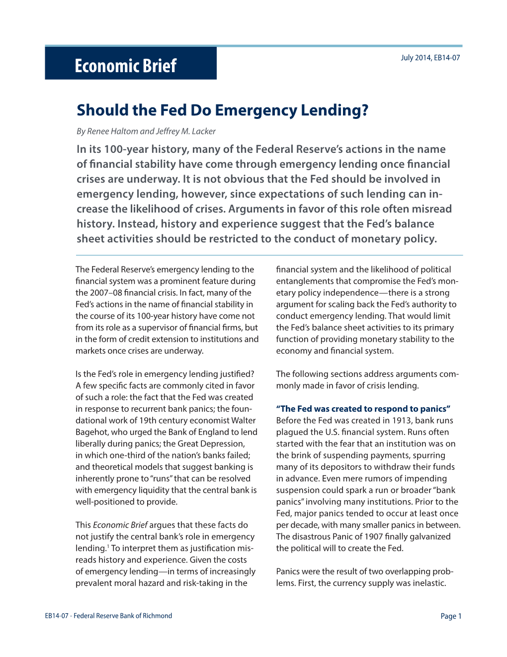 Economic Brief July 2014, EB14-07