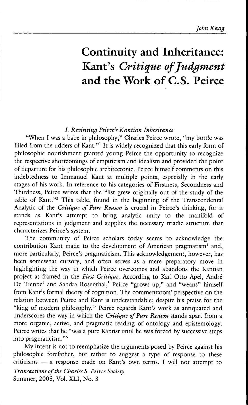 Kant's Critique of Judgment and the Work of CS Peirce