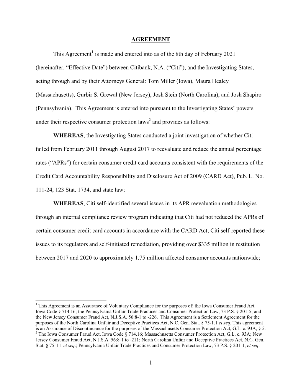 Settlement Agreement for the Purposes of the North Carolina Unfair and Deceptive Practices Act, N.C