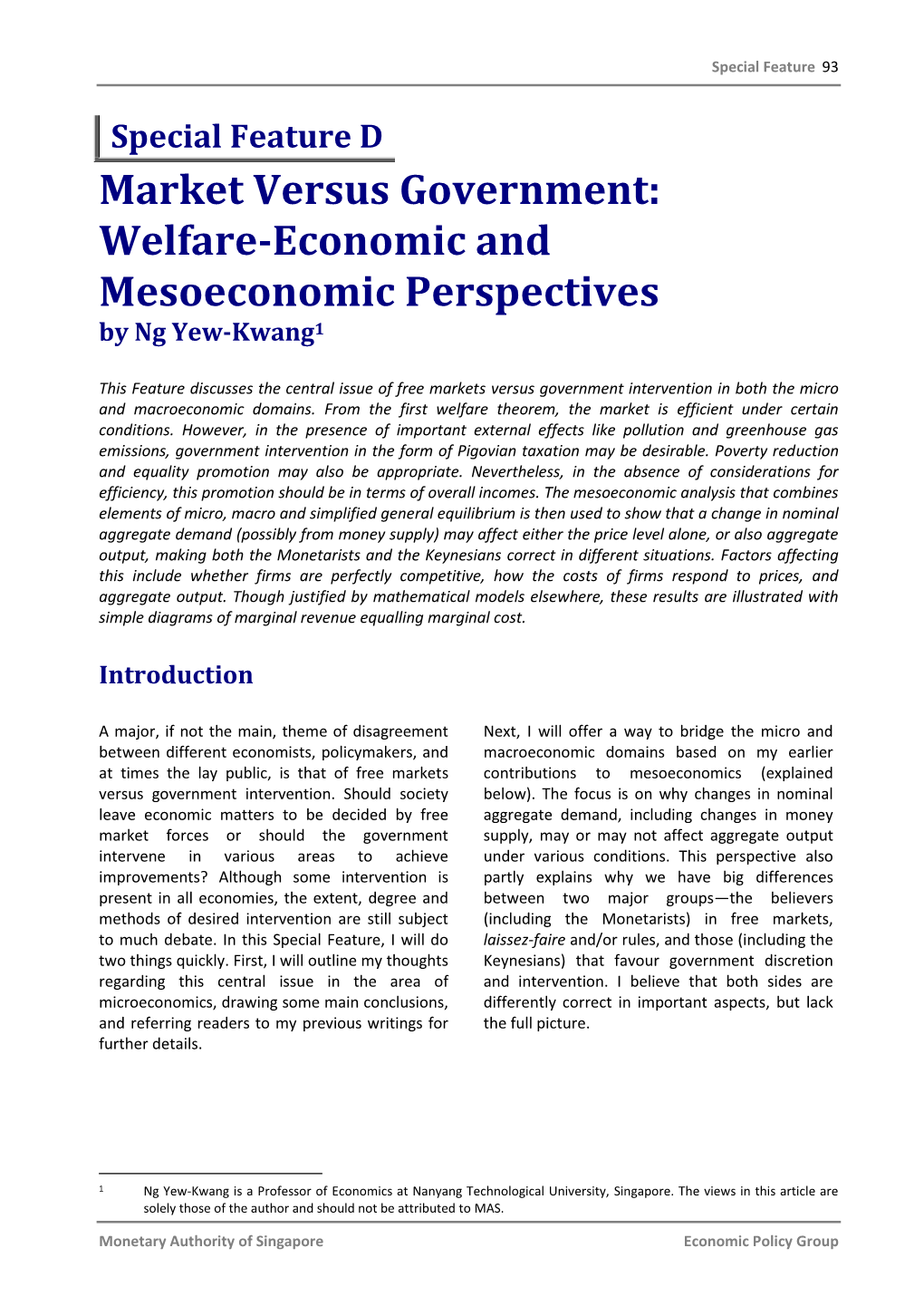 Market Versus Government: Welfare-Economic and Mesoeconomic Perspectives by Ng Yew-Kwang1