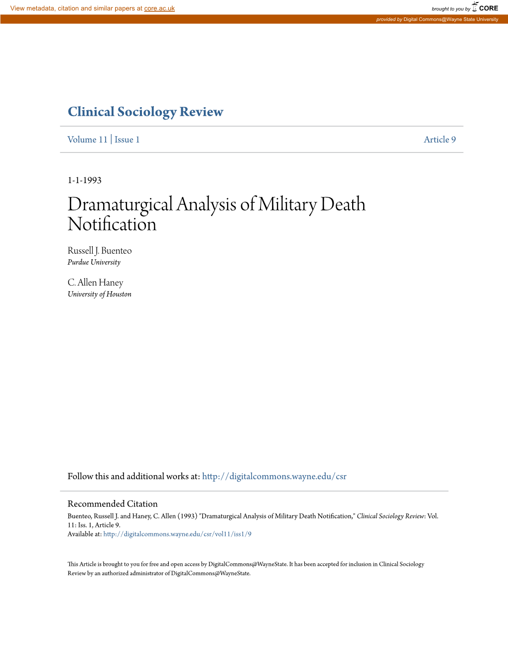 Dramaturgical Analysis of Military Death Notification Russell J