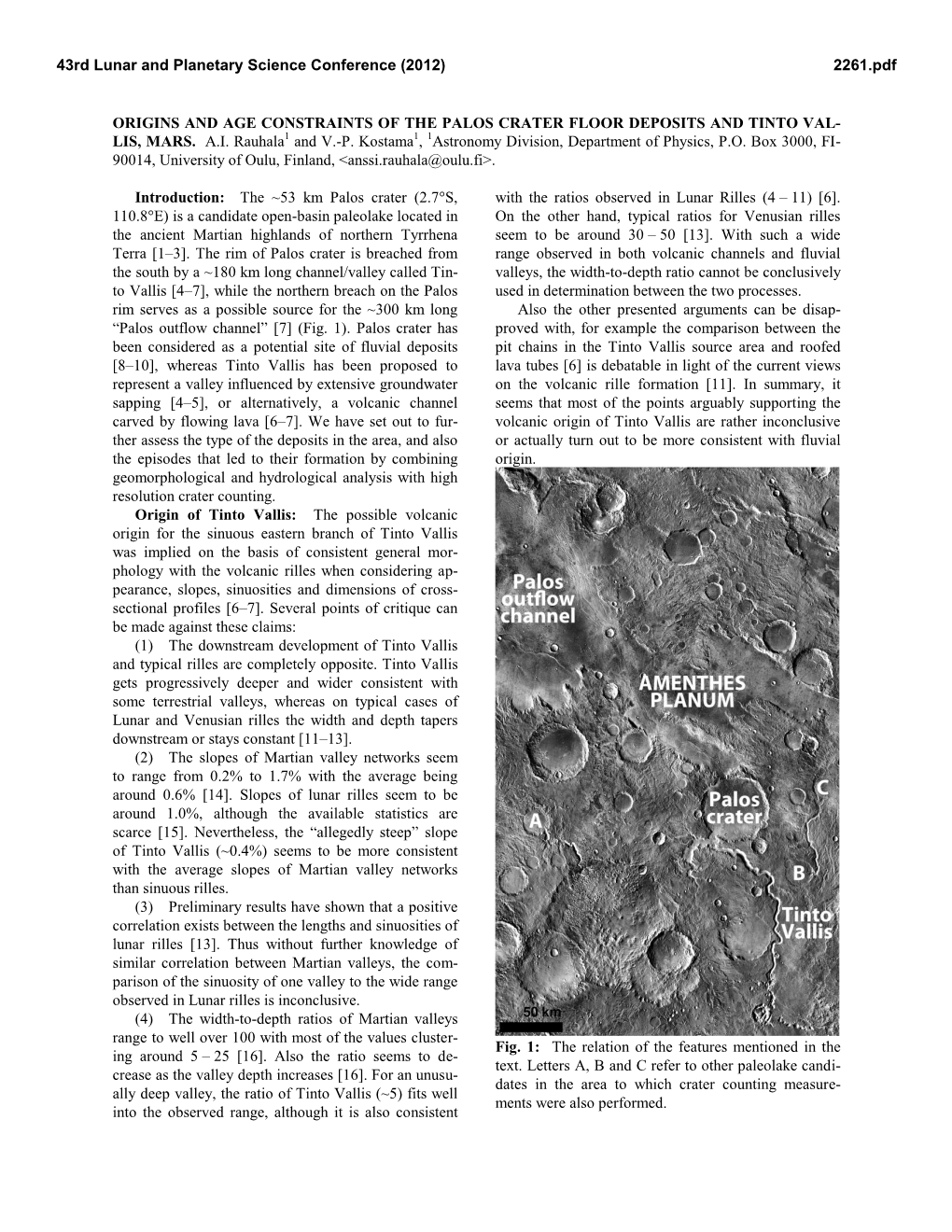 Origins and Age Constraints of the Palos Crater Floor Deposits and Tinto Val- Lis, Mars