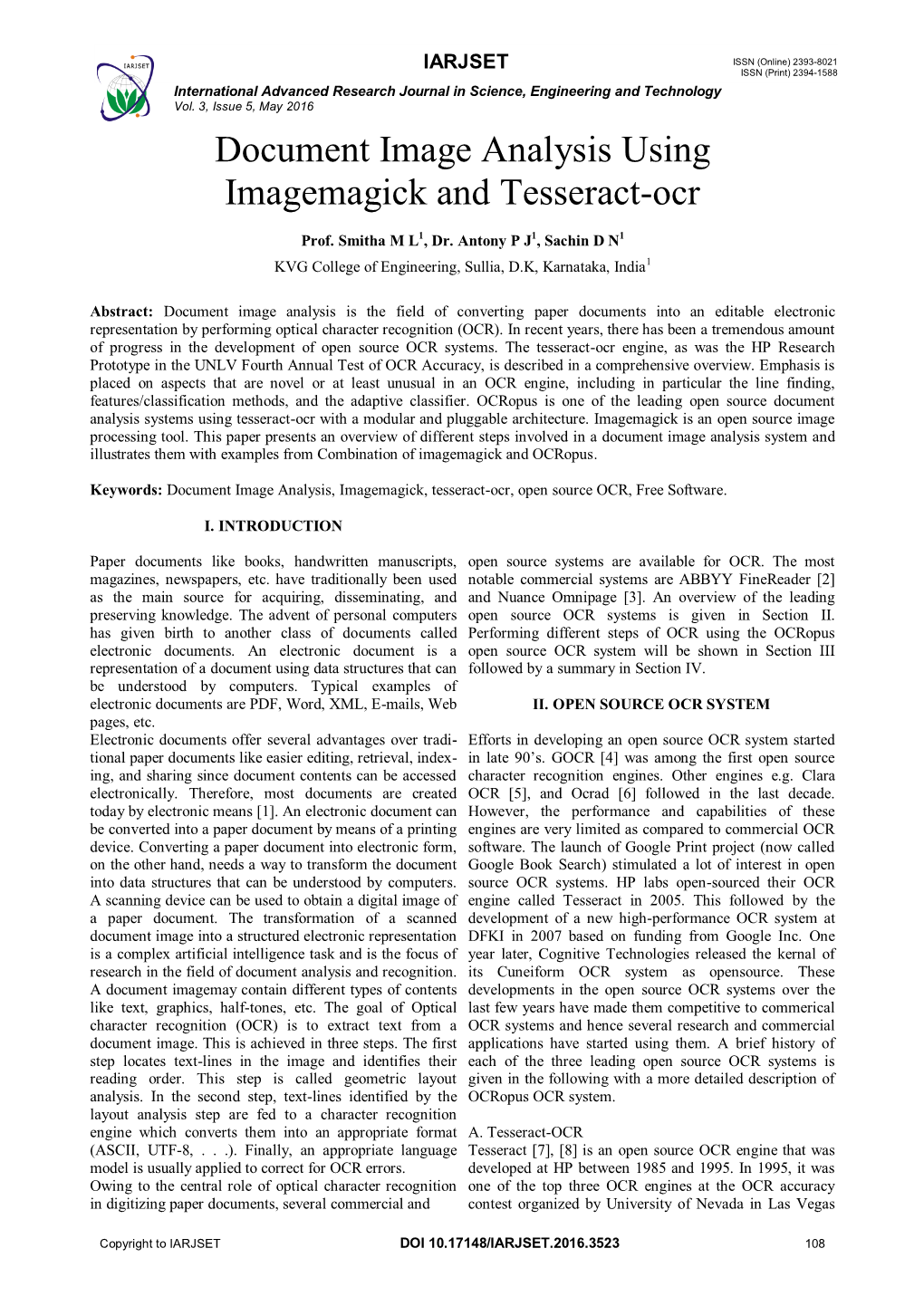 Document Image Analysis Using Imagemagick and Tesseract-Ocr