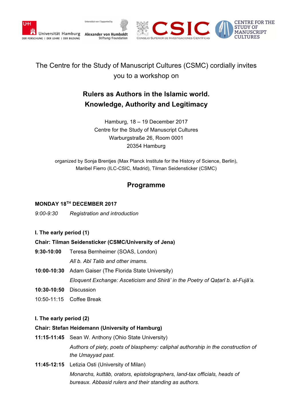 Cordially Invites You to a Workshop on Rulers As Authors in the Islamic W