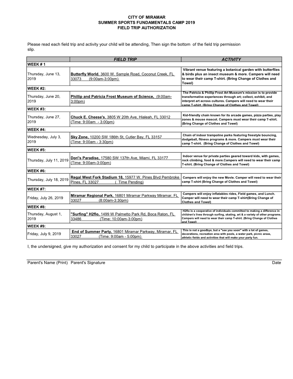 City of Miramar Summer Sports Fundamentals Camp 2019 Field Trip Authorization