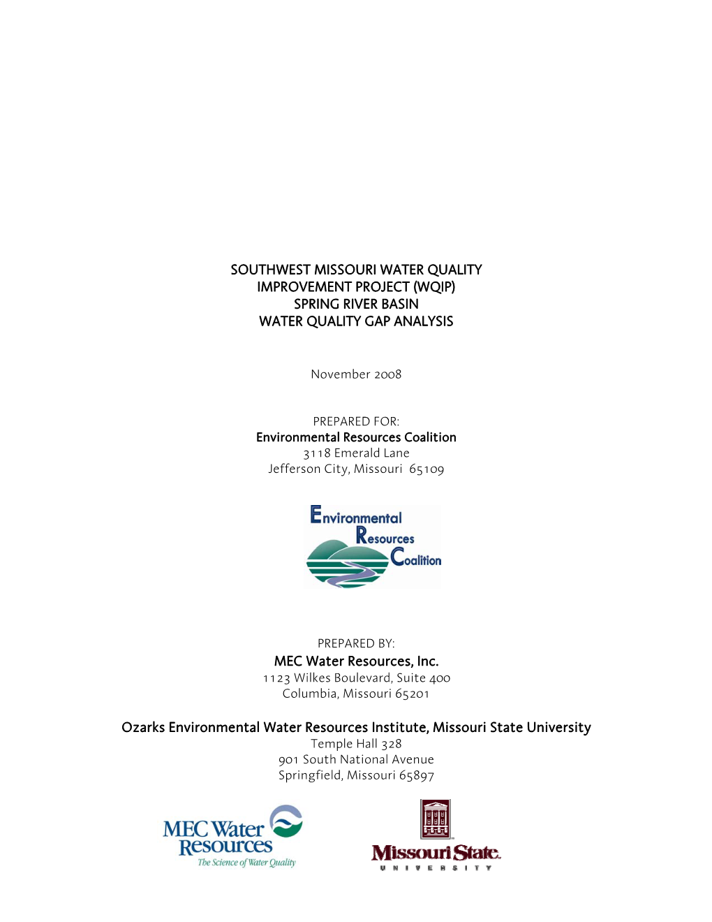 Southwest Missouri Water Quality Improvement Project (Wqip) Spring River Basin Water Quality Gap Analysis