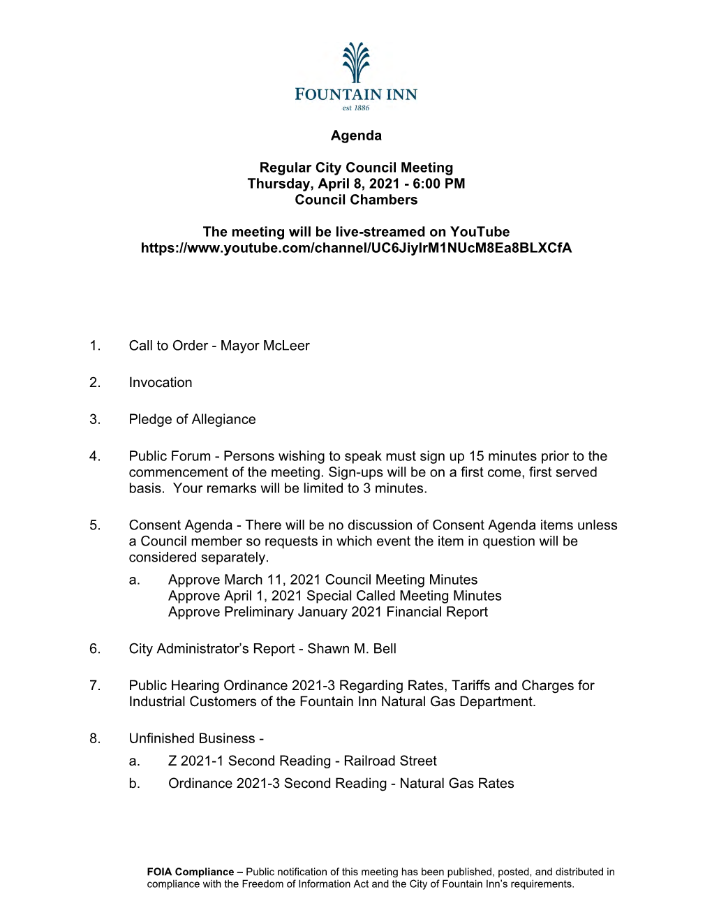 Agenda Regular City Council Meeting Thursday