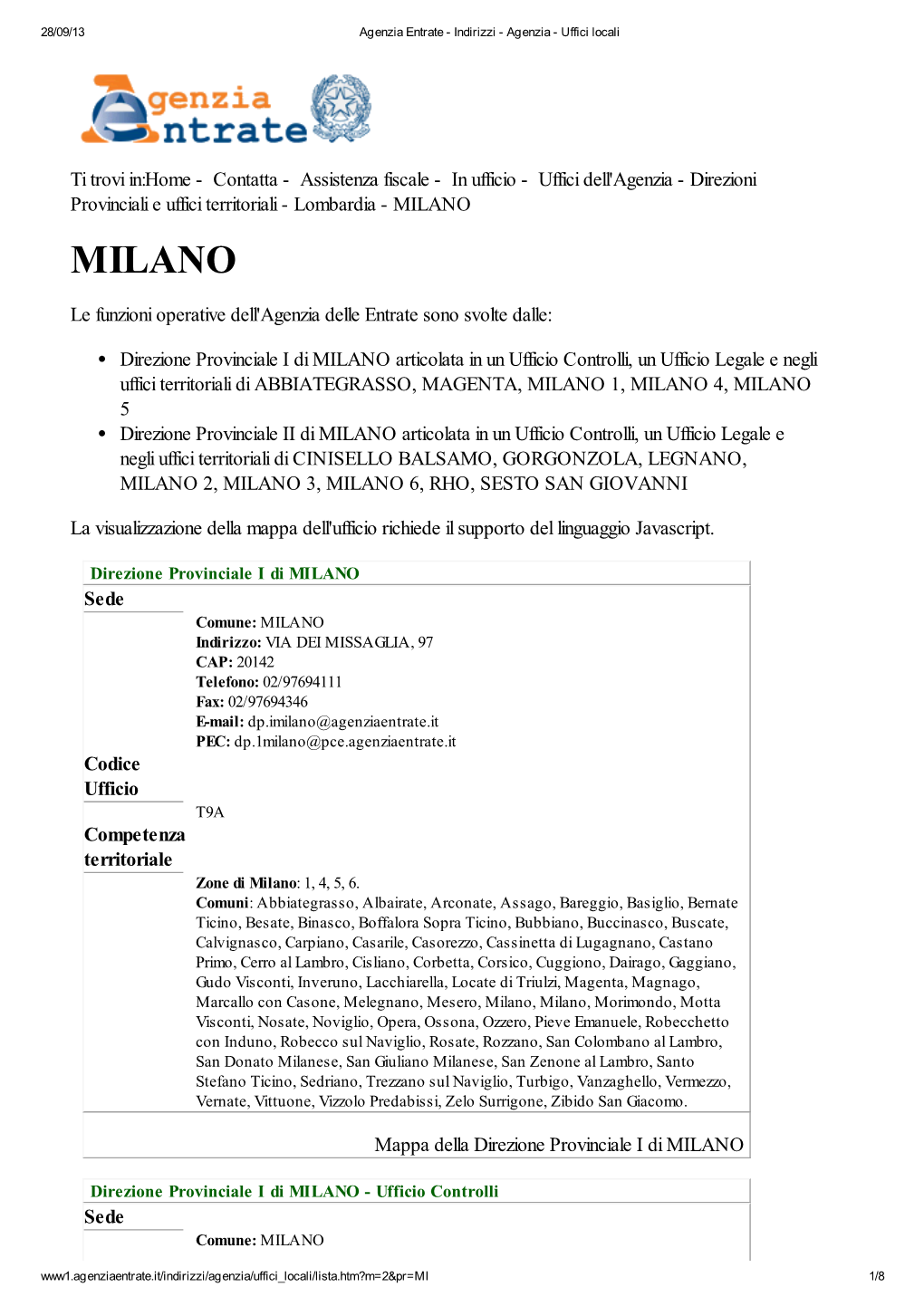 Codici Uffici Agenzia Delle Entrate Della Provincia Di Milano