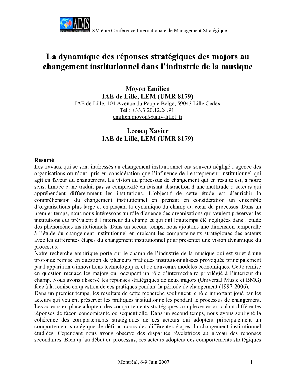 La Dynamique Des Réponses Stratégiques Des Majors Au Changement Institutionnel Dans L’Industrie De La Musique