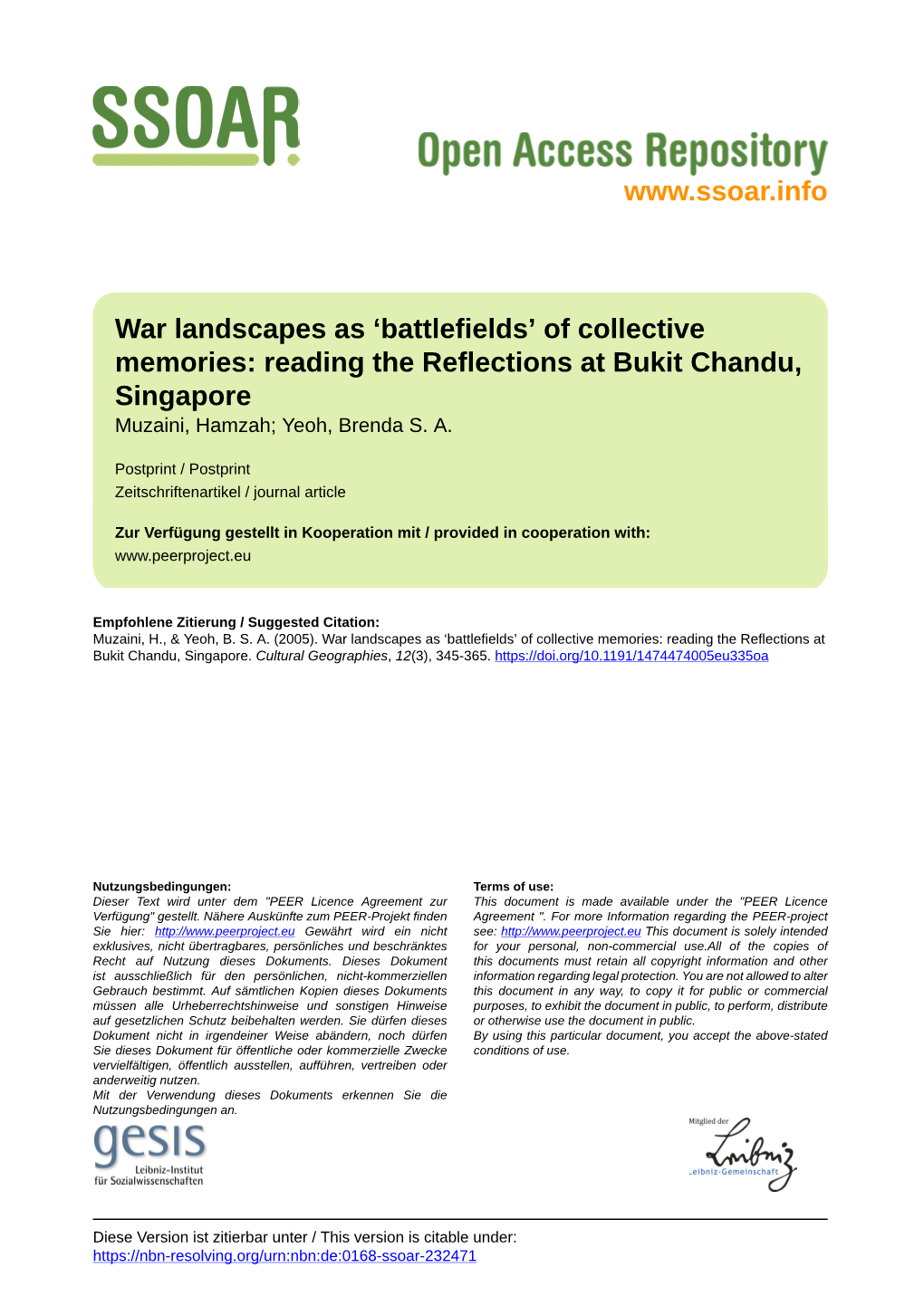 War Landscapes As 'Battlefields' of Collective Memories: Reading the Reflections at Bukit Chandu, Singapore