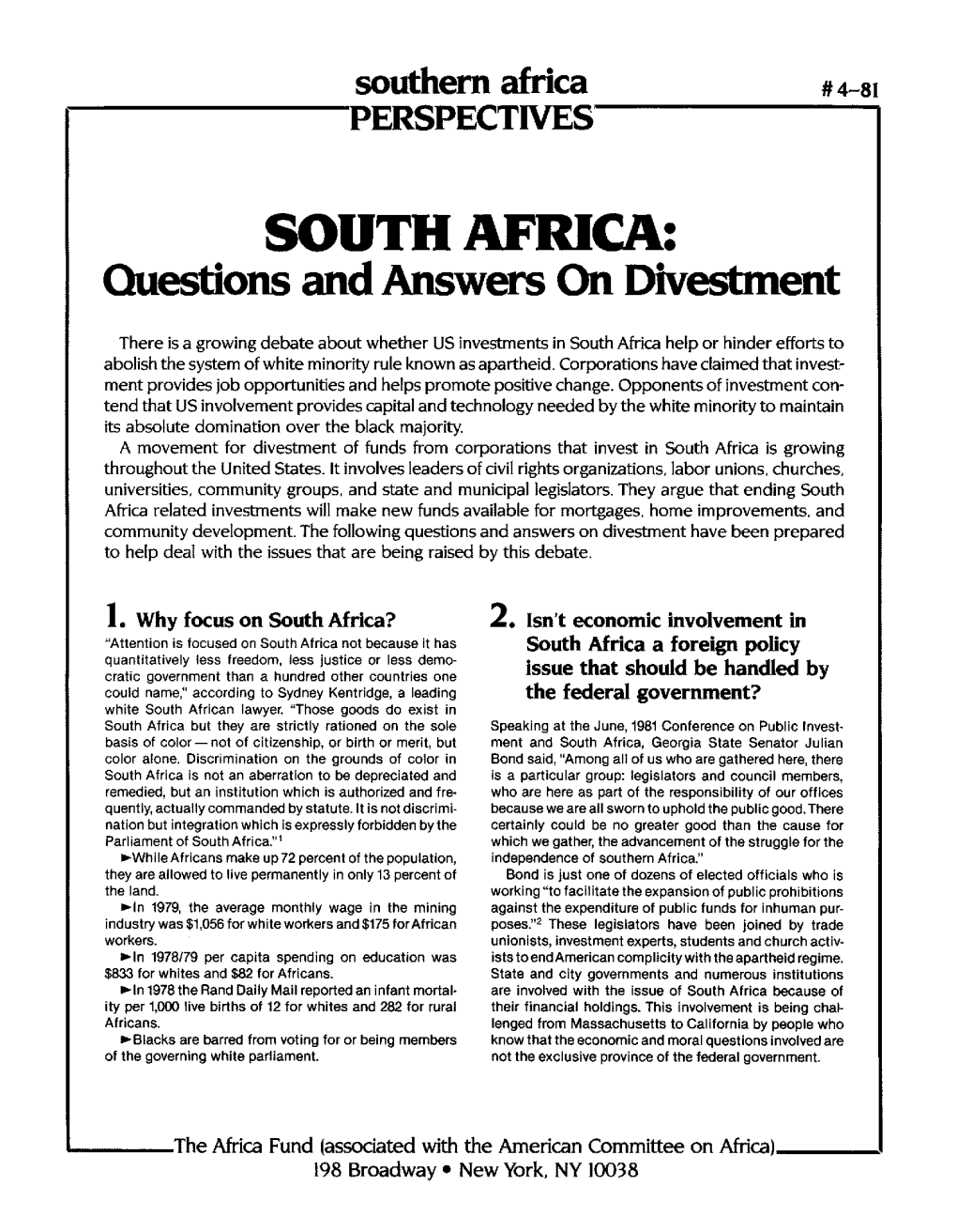 SOUTH AFRICA: Questions and Answers on Divestment