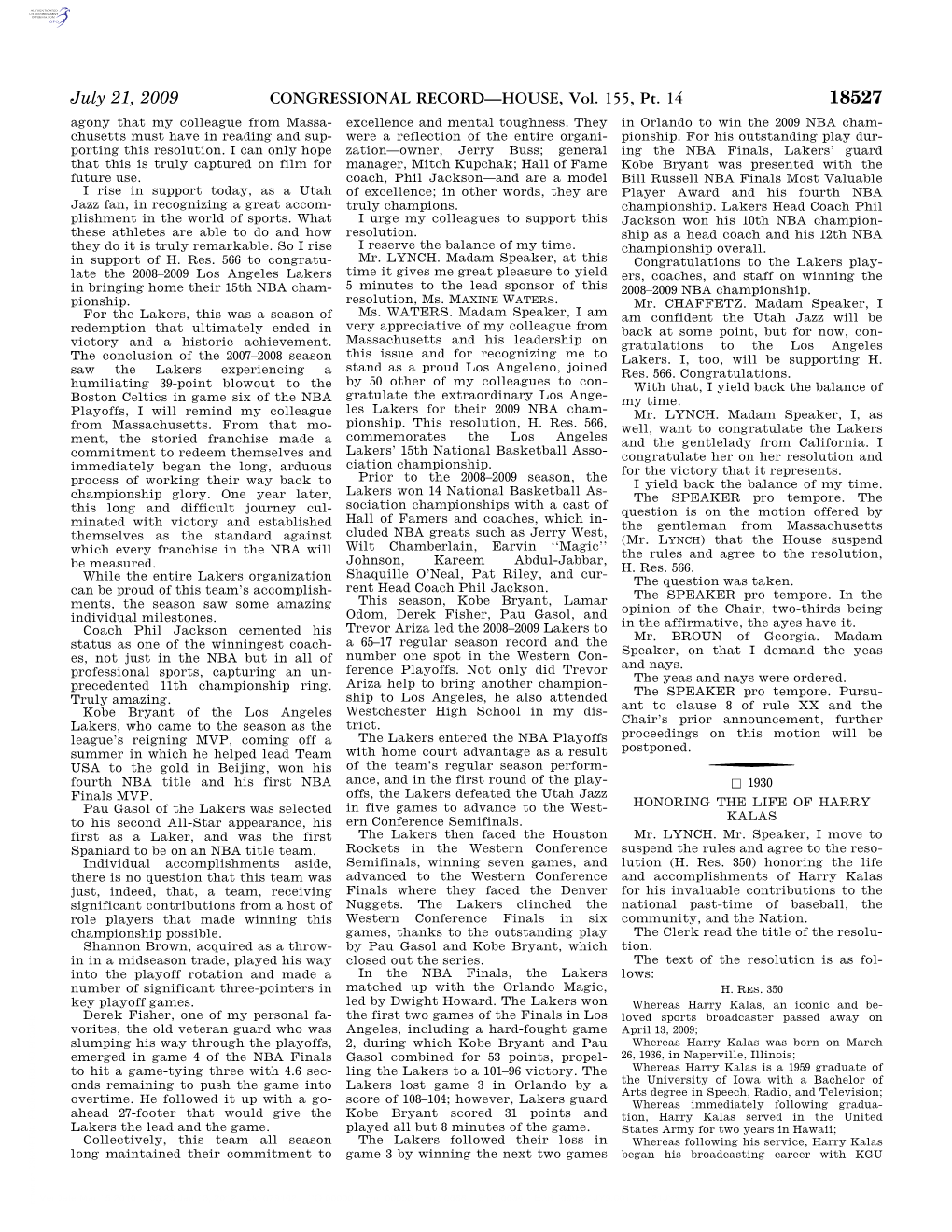 CONGRESSIONAL RECORD—HOUSE, Vol. 155, Pt. 14 July 21, 2009