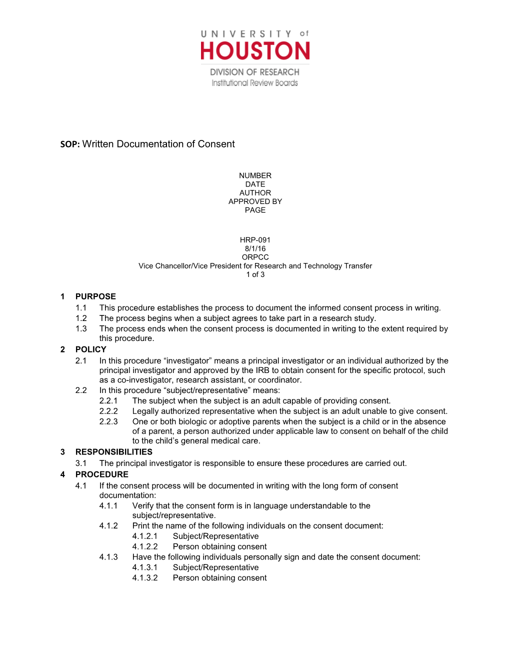 1.1 This Procedure Establishes the Process to Document the Informed Consent Process in Writing