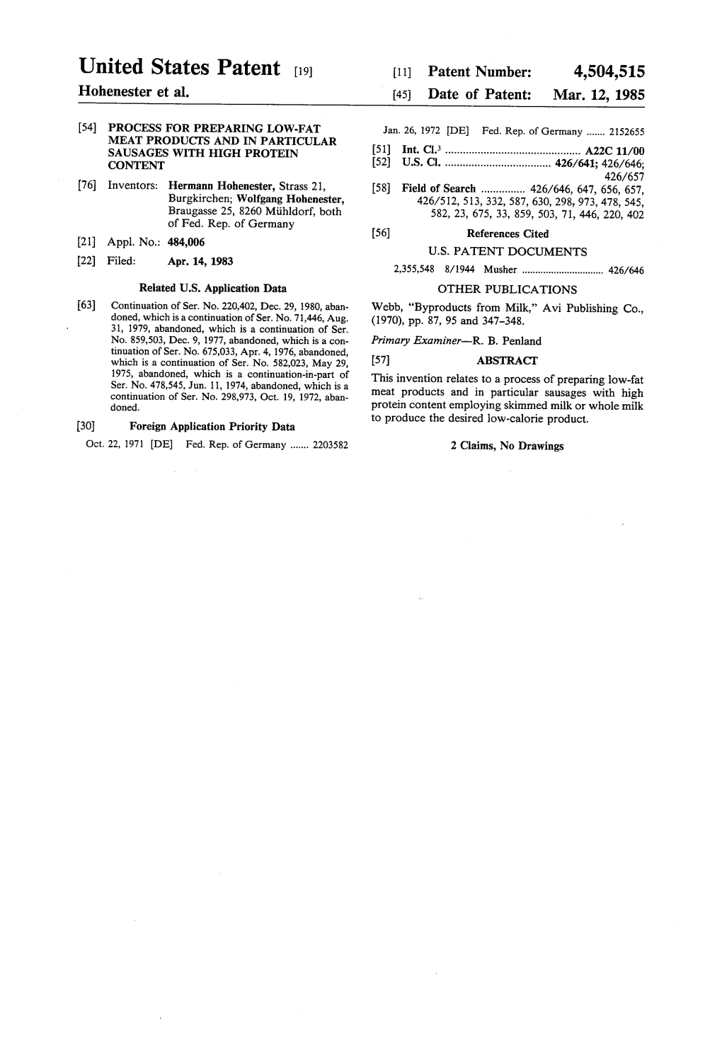 United States Patent (19) 11) Patent Number: 4,504,515 Hohenester Et Al