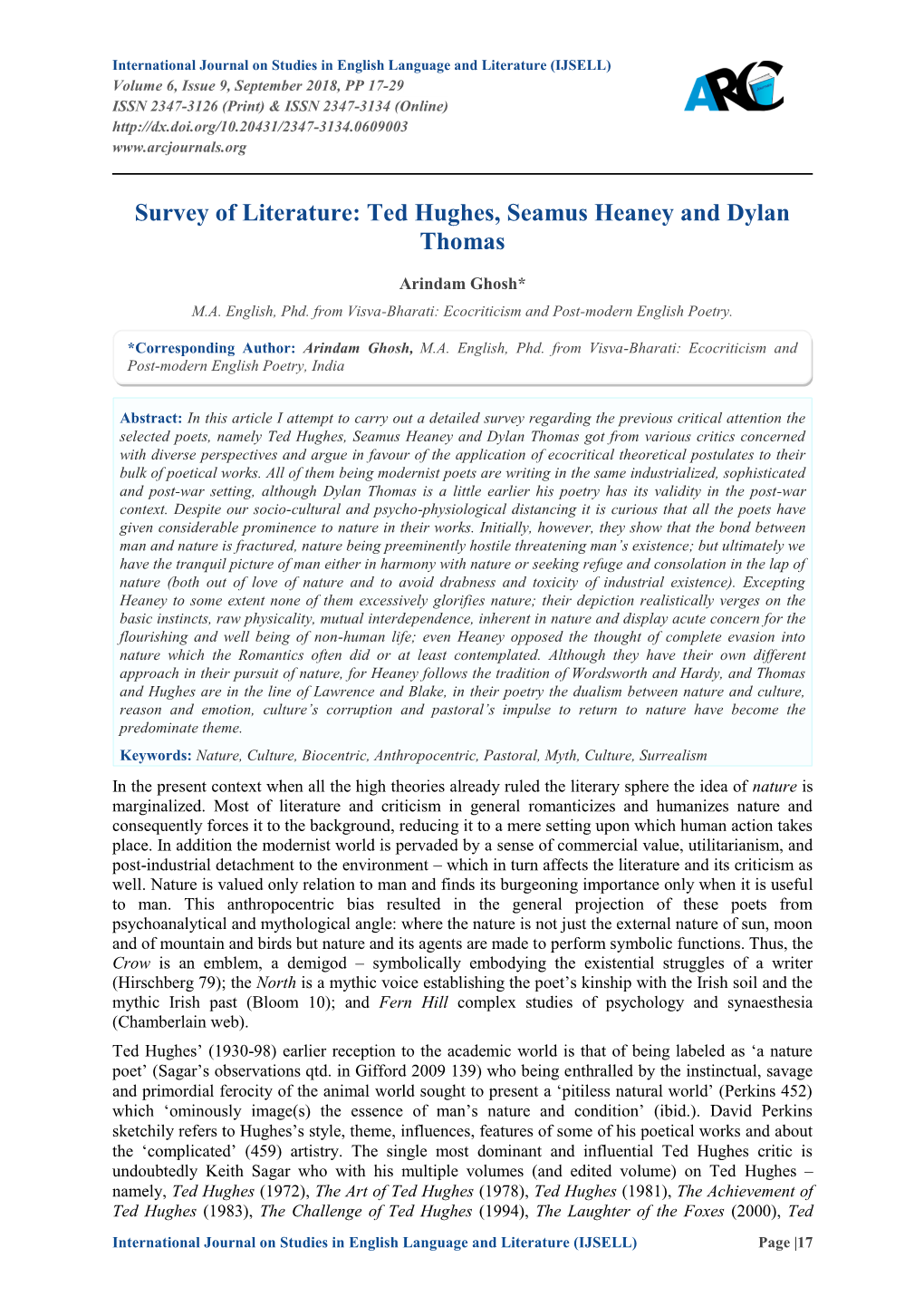 Survey of Literature: Ted Hughes, Seamus Heaney and Dylan Thomas