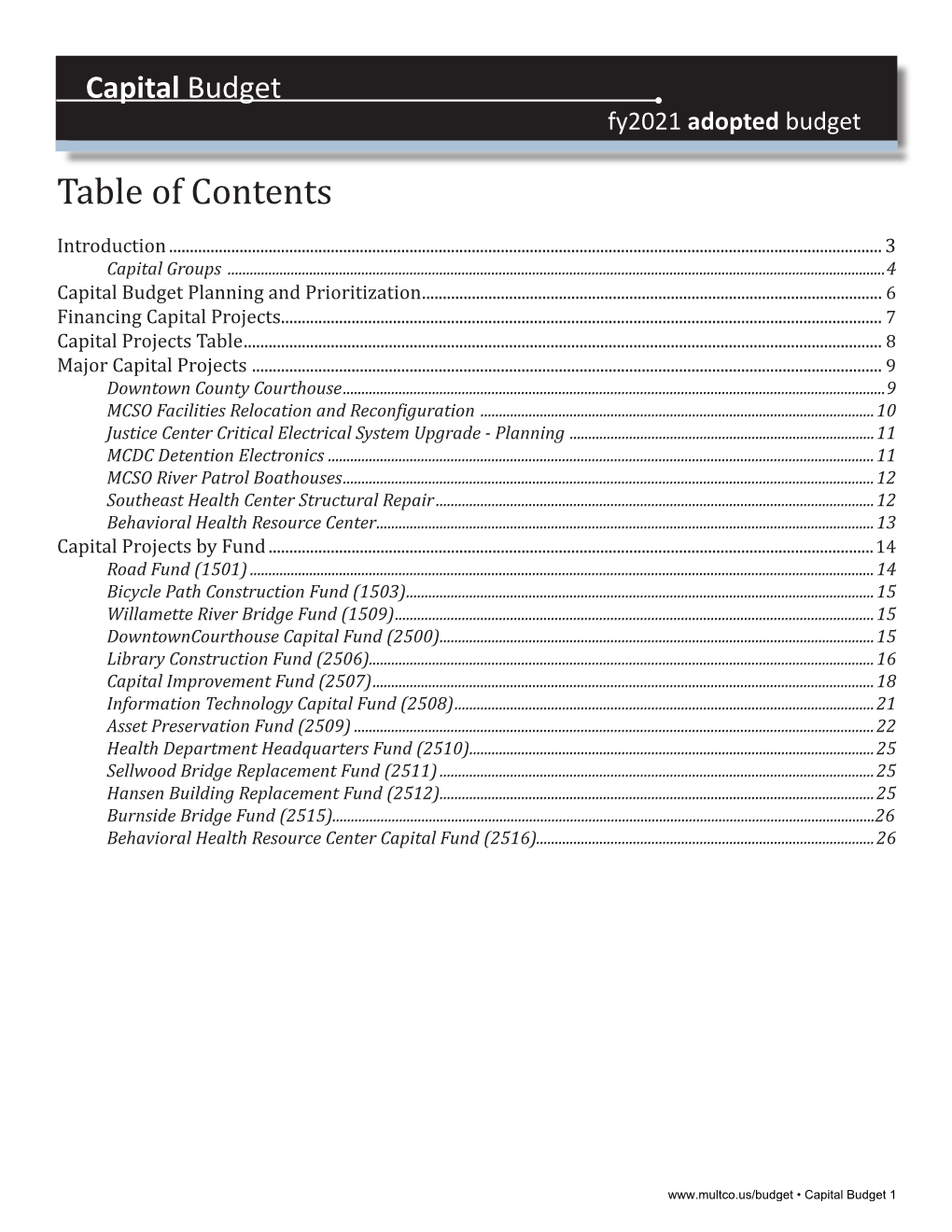 Capital Budget Fy2021 Adopted Budget Table of Contents