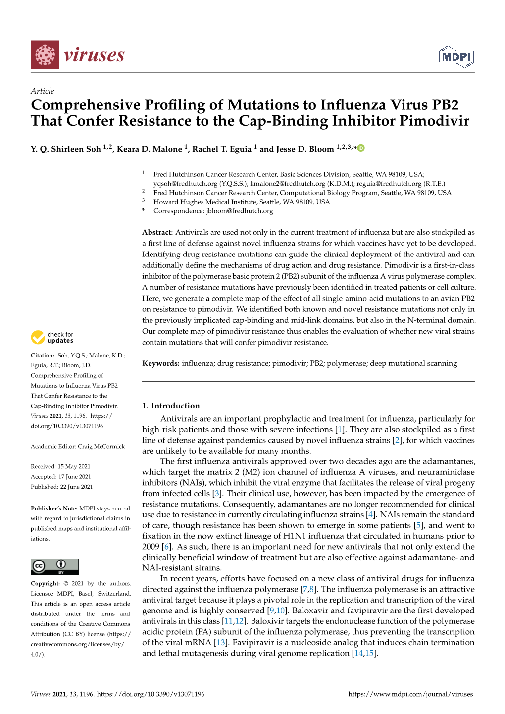 Comprehensive Profiling of Mutations to Influenza Virus PB2 That