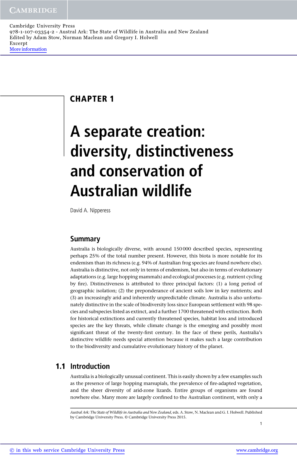 A Separate Creation: Diversity, Distinctiveness and Conservation of Australian Wildlife