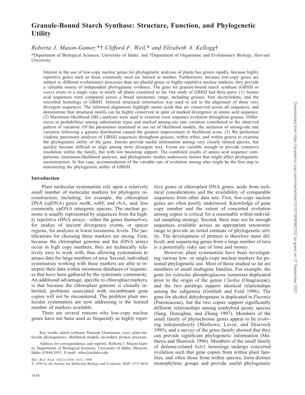 Granule-Bound Starch Synthase: Structure, Function, and Phylogenetic Utility