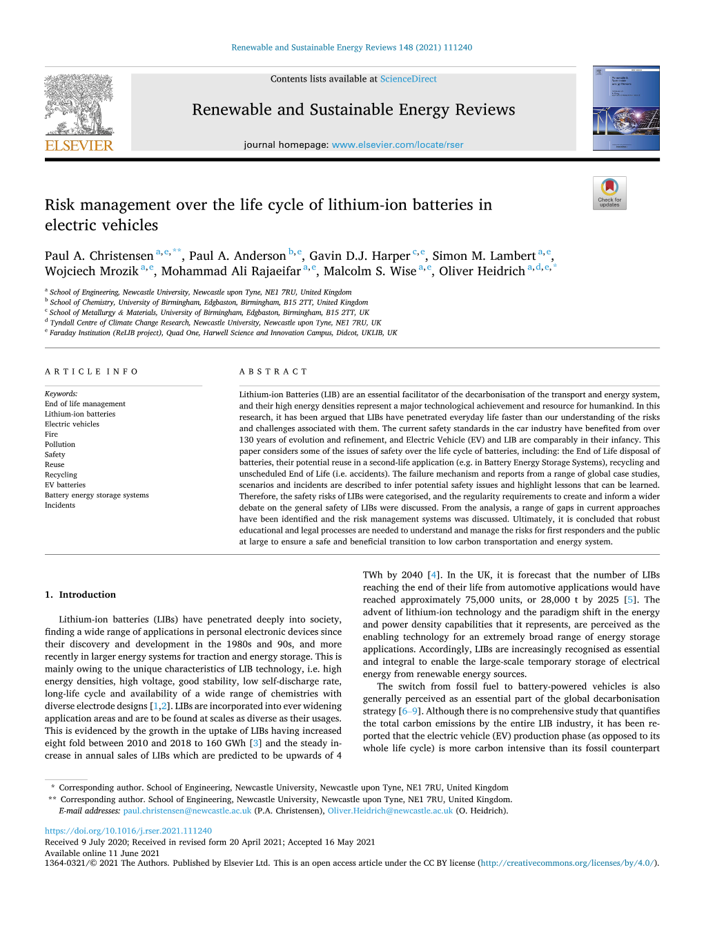 Risk Management Over the Life Cycle of Lithium-Ion Batteries in Electric Vehicles