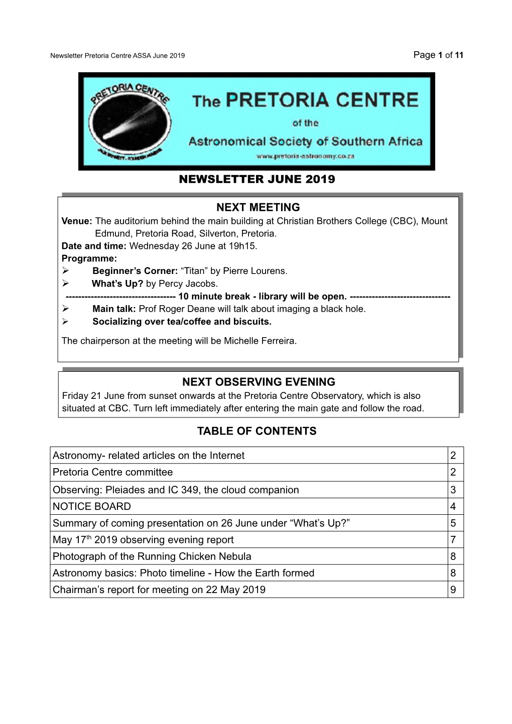 Newsletter June 2019 Table of Contents Next Meeting