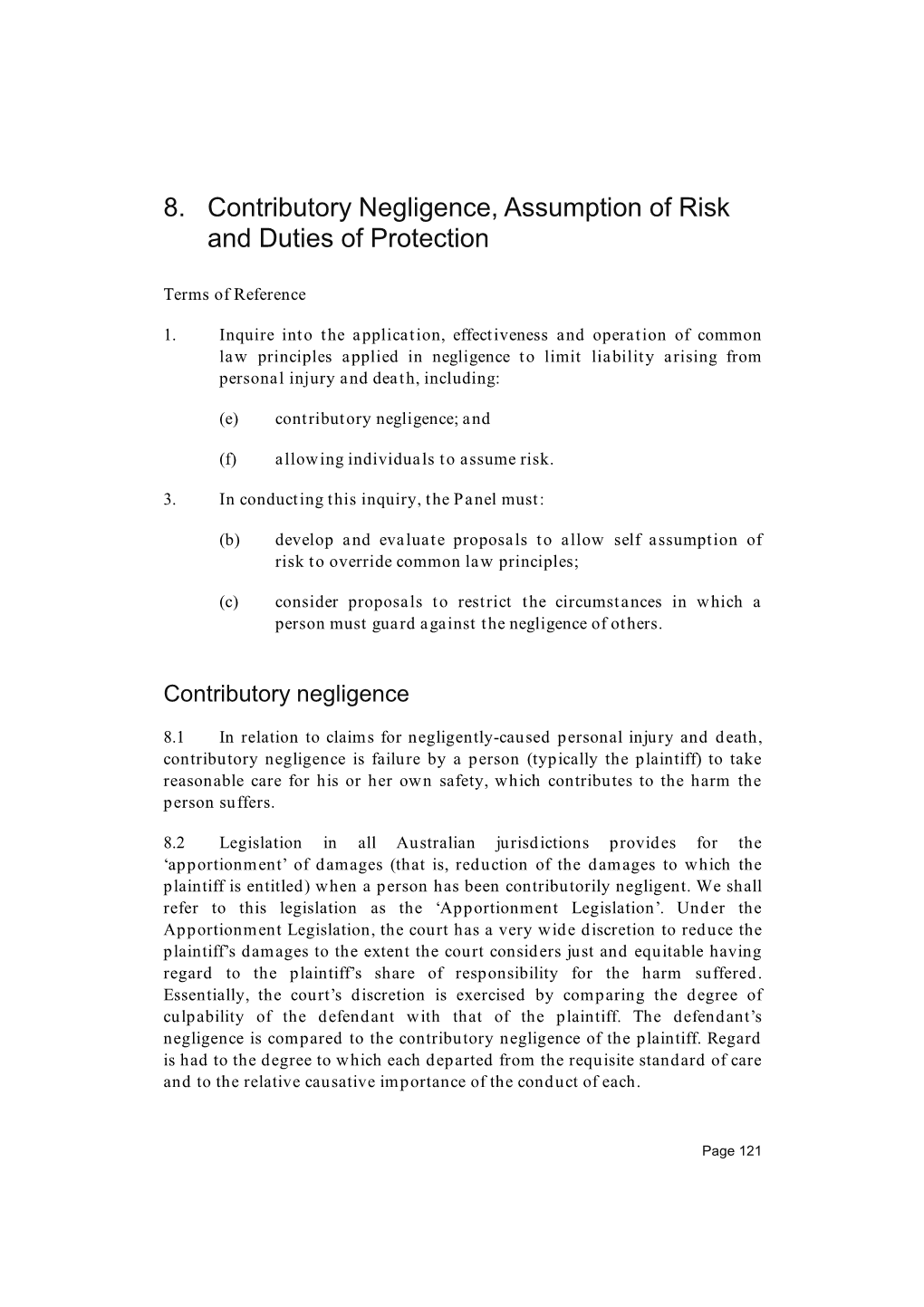 8. Contributory Negligence, Assumption of Risk and Duties of Protection