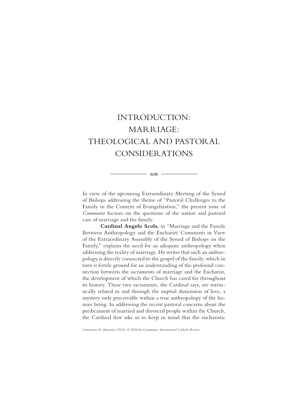 Introduction: Marriage: Theological and Pastoral Considerations