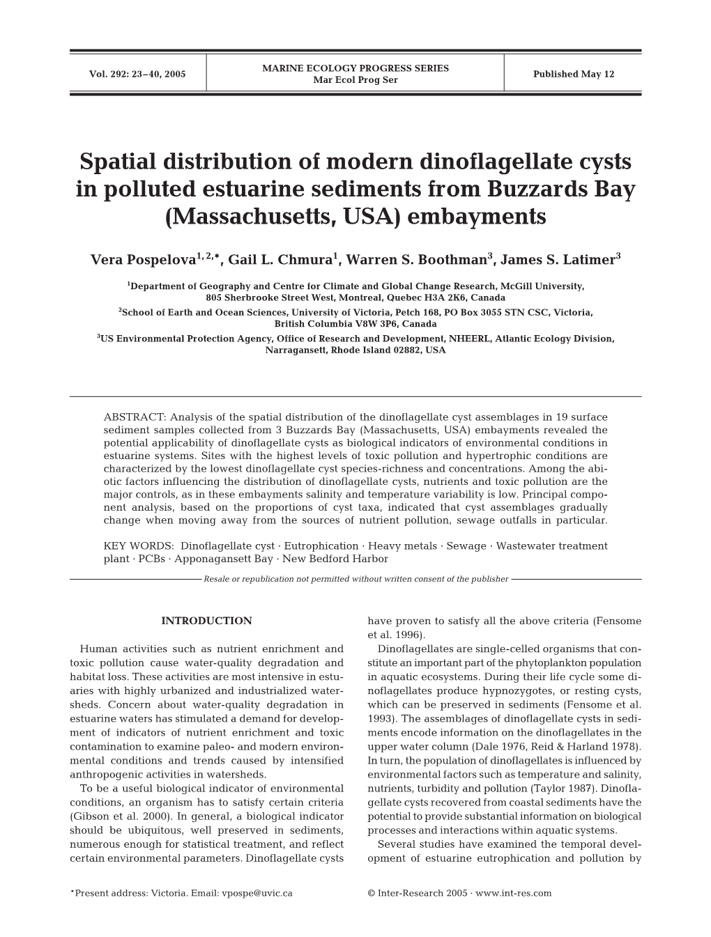 Spatial Distribution of Modern Dinoflagellate Cysts in Polluted Estuarine Sediments from Buzzards Bay (Massachusetts, USA) Embayments