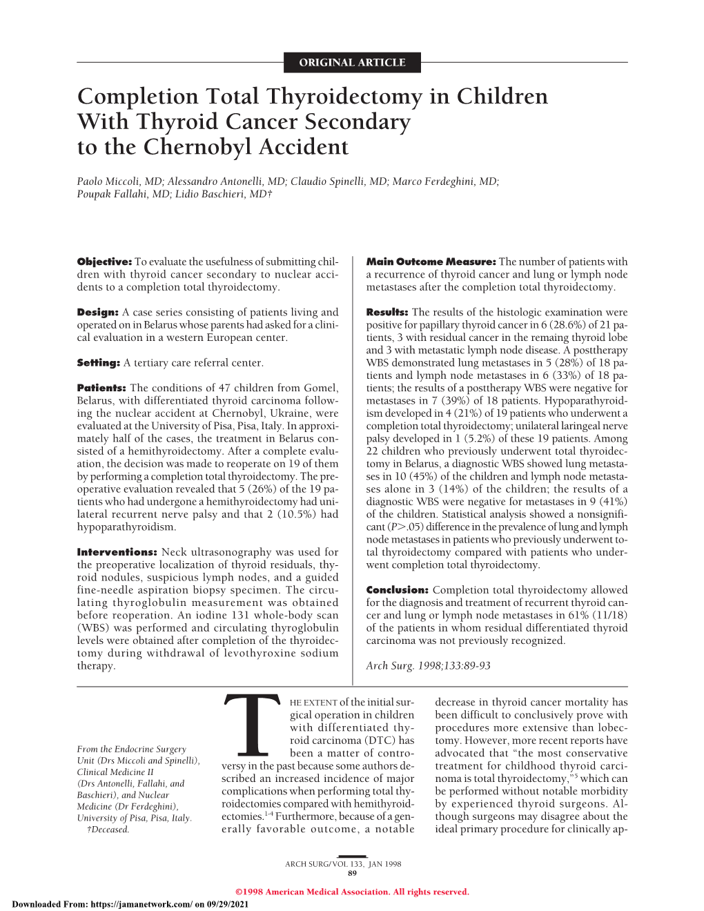 Completion Total Thyroidectomy in Children with Thyroid Cancer Secondary to the Chernobyl Accident