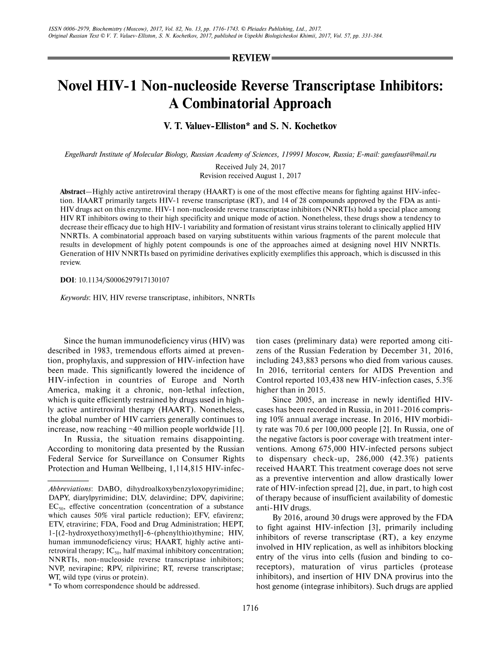 Novel HIV-1 Non-Nucleoside Reverse Transcriptase Inhibitors: a Combinatorial Approach