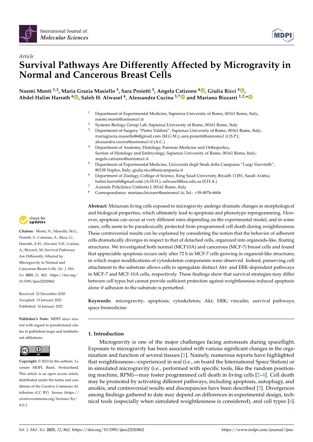 Survival Pathways Are Differently Affected by Microgravity in Normal and Cancerous Breast Cells