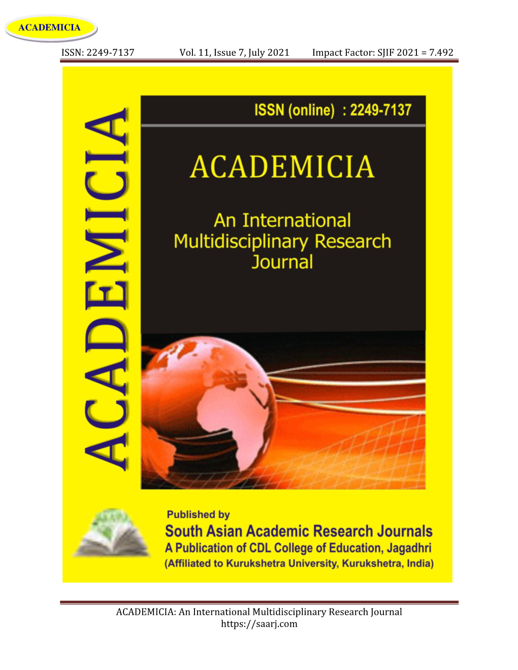 SJIF 2021 = 7.492 ACADEMICIA an International Multidisciplinary Research Journal