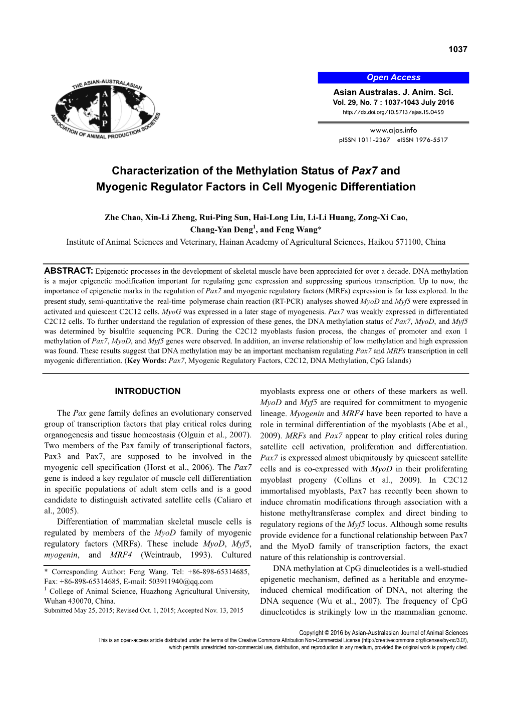 Characterization of the Methylation Status of Pax7 and Myogenic Regulator Factors in Cell Myogenic Differentiation