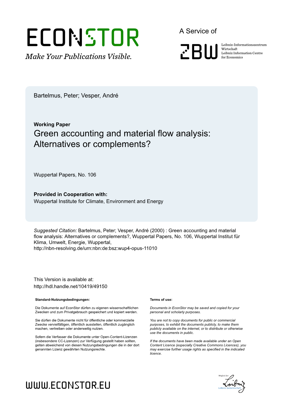 Green Accounting and Material Flow Analysis: Alternatives Or Complements?