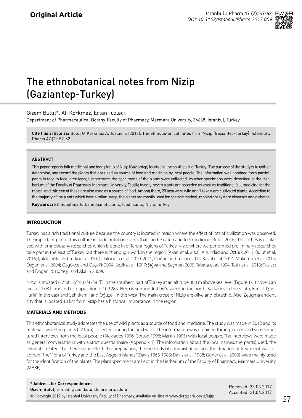 The Ethnobotanical Notes from Nizip (Gaziantep-Turkey)