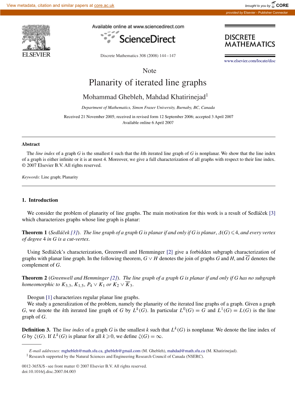 Planarity of Iterated Line Graphs Mohammad Ghebleh, Mahdad Khatirinejad1