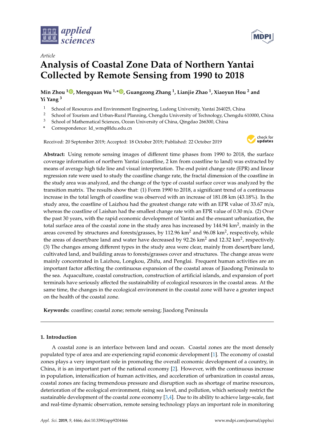 Analysis of Coastal Zone Data of Northern Yantai Collected by Remote Sensing from 1990 to 2018