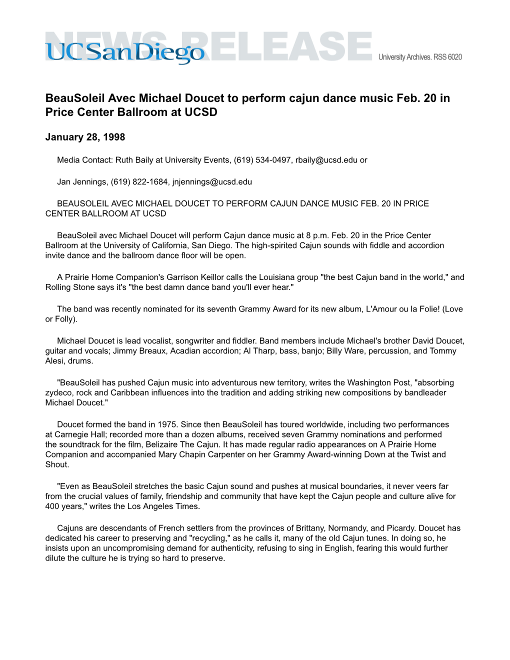 Beausoleil Avec Michael Doucet to Perform Cajun Dance Music Feb. 20 in Price Center Ballroom at UCSD