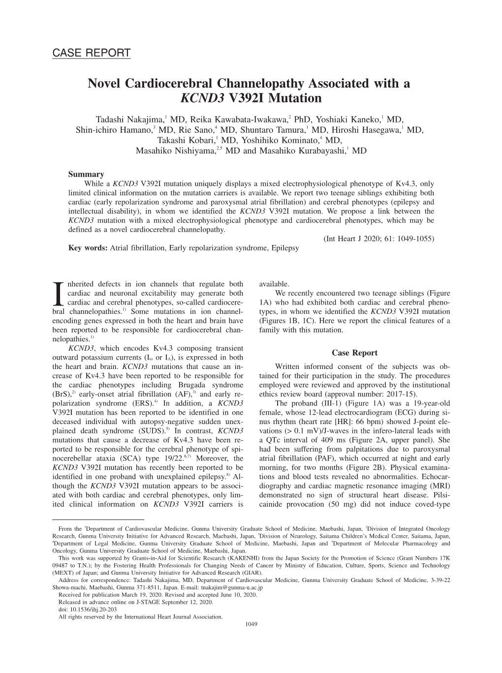 Novel Cardiocerebral Channelopathy Associated with a KCND3 V392I Mutation
